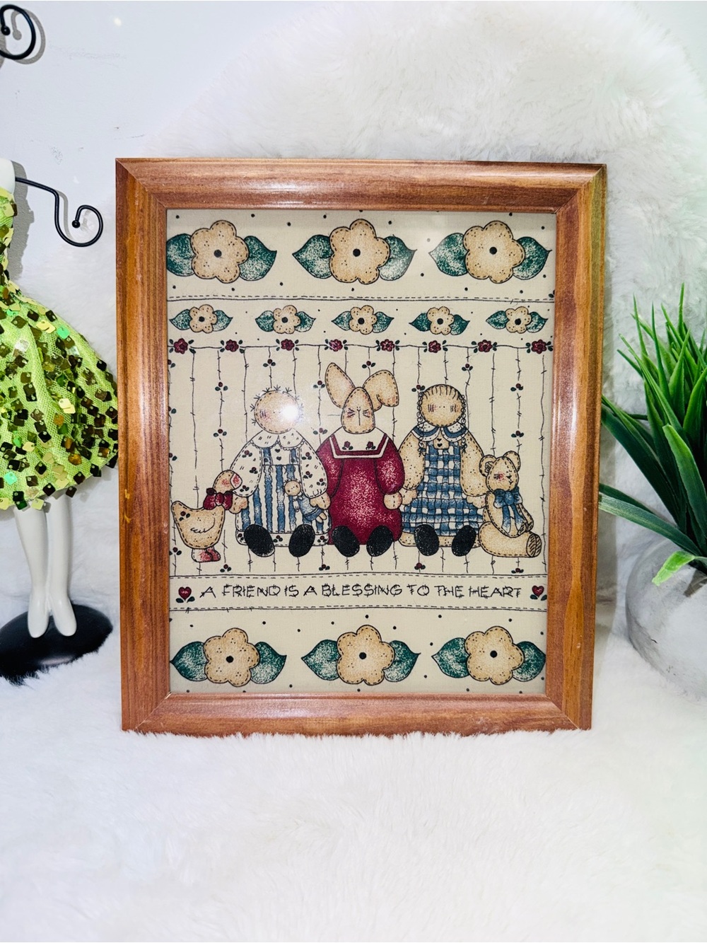 10”x11” Framed Folk Art Bunny & Friends Wall Art - Cream, Blue, Red